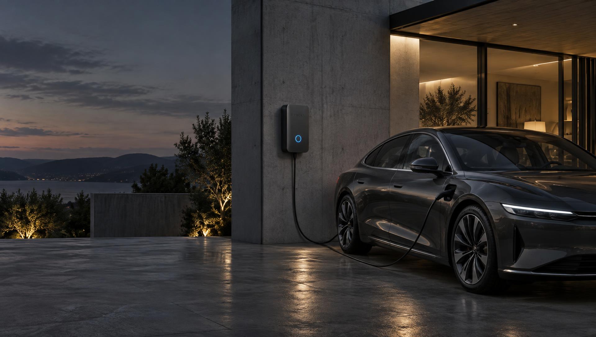 Voiture électrique en charge sur une borne murale RYVOLT devant une maison contemporaine
